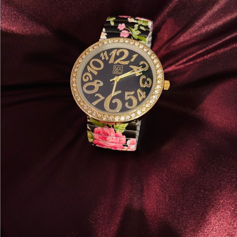 New York and Company Floral Black and Gold Women's Watch